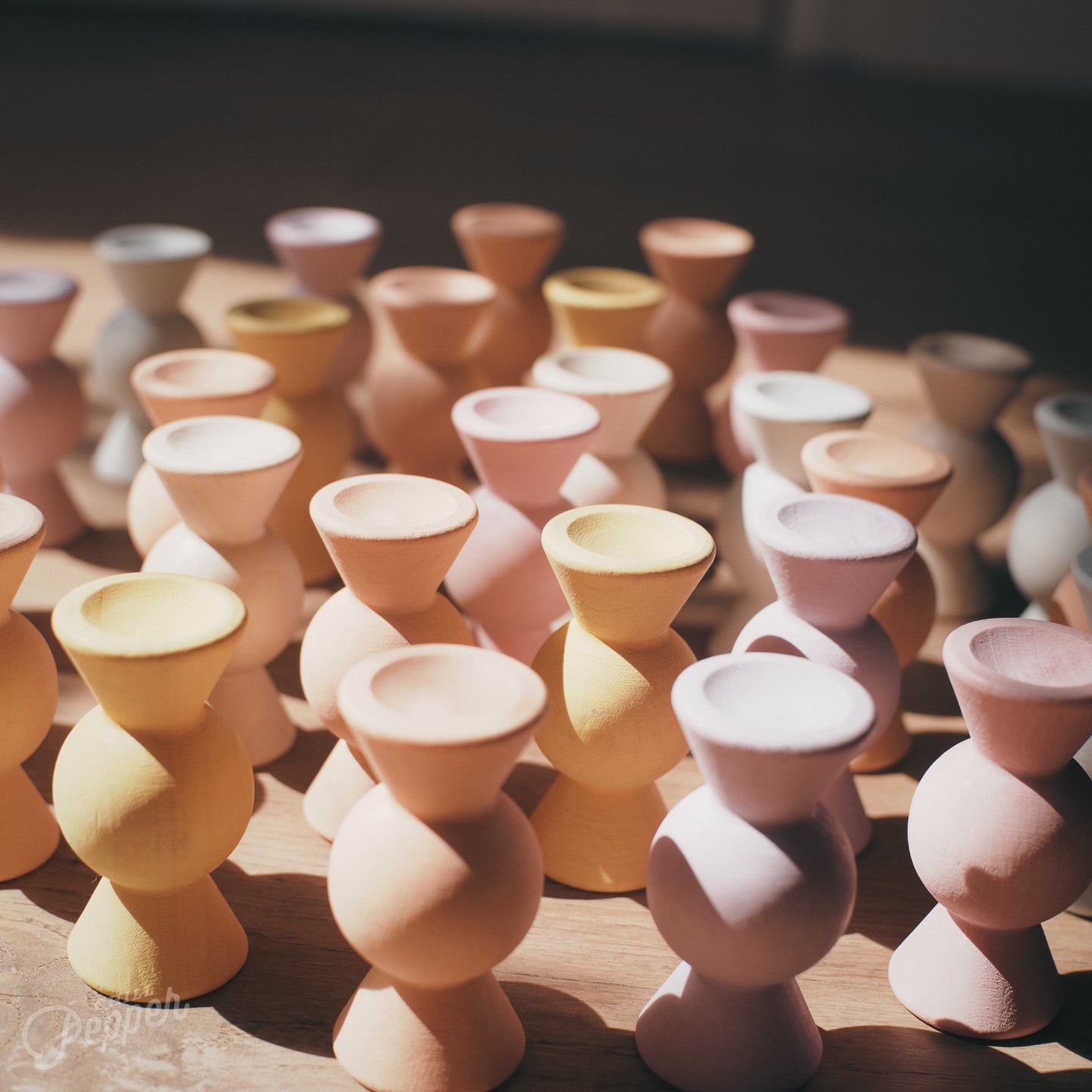 Chill Pepper Sweets Wooden Stacking Game - Close-up in the sunshine of the texture of the pieces