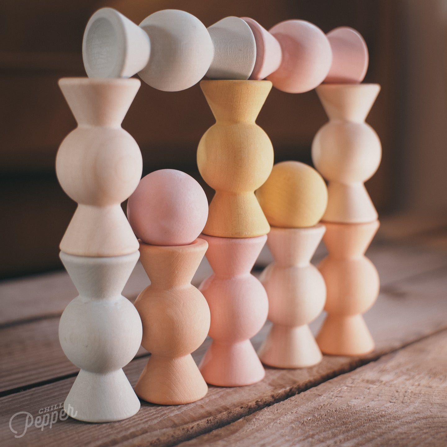 Chill Pepper Sweets wooden stacking game - Stacked to form architectural shapes